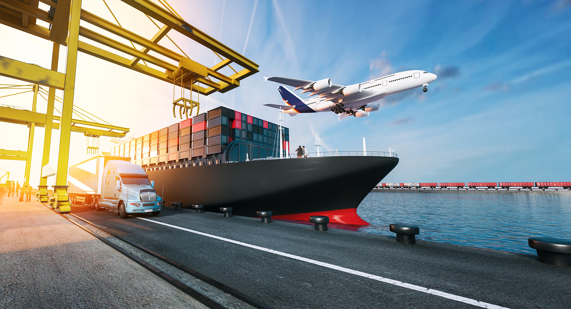 logistics transportation, including semi truck, docked cargo ship and airplane